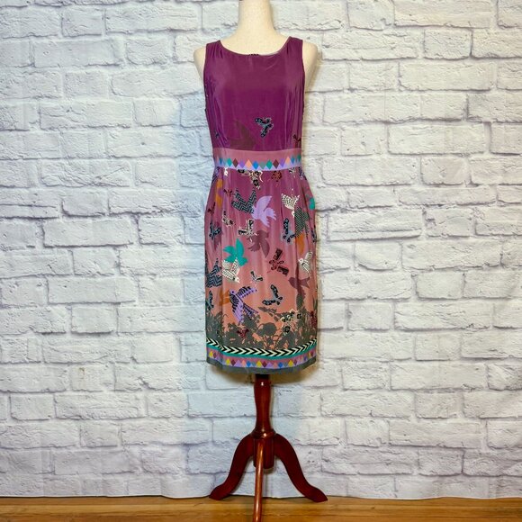 Heyhoe Dresses & Skirts - Anthropologie Heyhoe Purple Silk Geometric Animal Print Knee-Length Dress